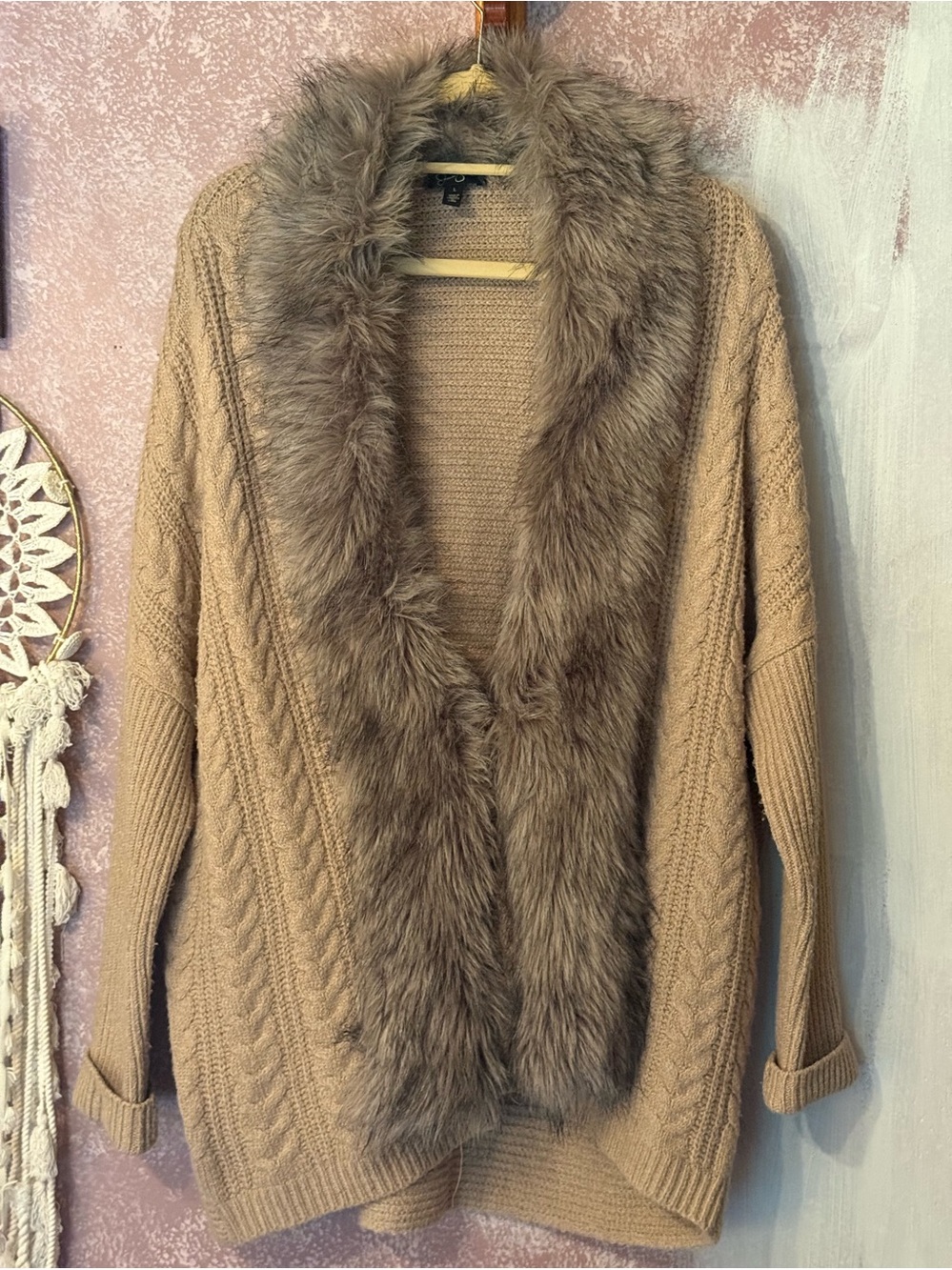 Jessica Simpson Camel-Tan Cable-Knit Cardigan. Size L